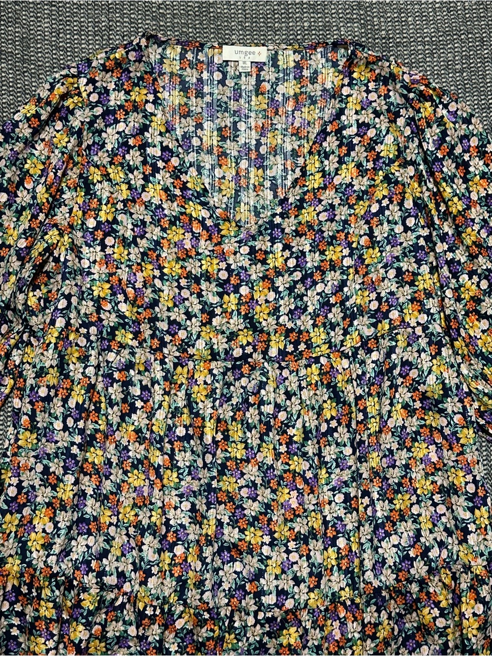 Umgee Navy Floral Tiered Dress with Yellow, White, Purple and Orange Blooms - Picture 3 of 6
